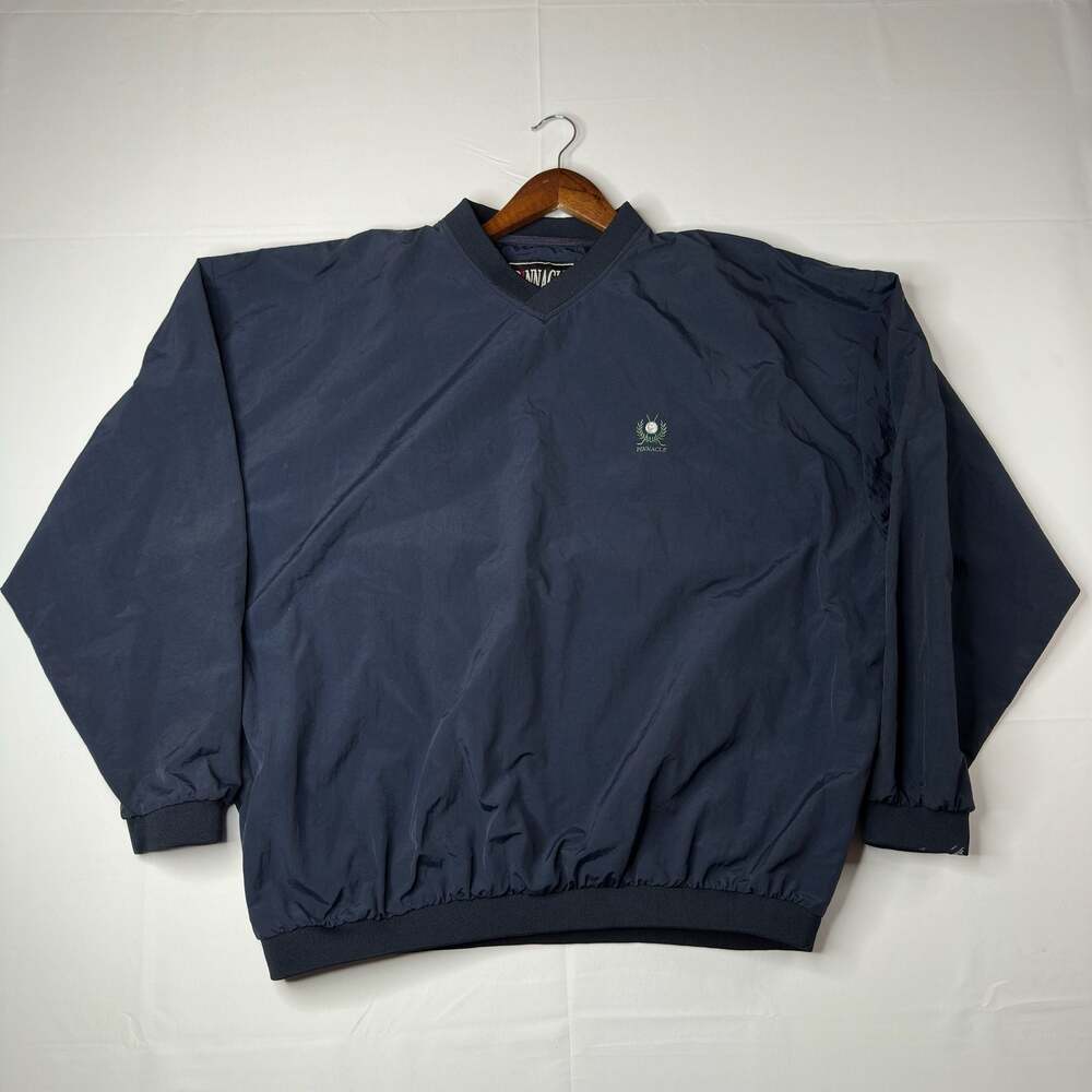 Vintage Pinnacle Golf Embroidered Logo Navy Blue V-Neck Pullover Windbreaker Jac